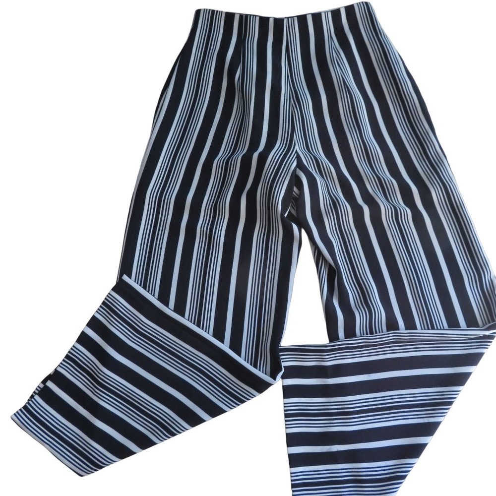 Vintage 80s High Waist Satin Pants S Black White Striped Wide Leg Zip Mod Hippie